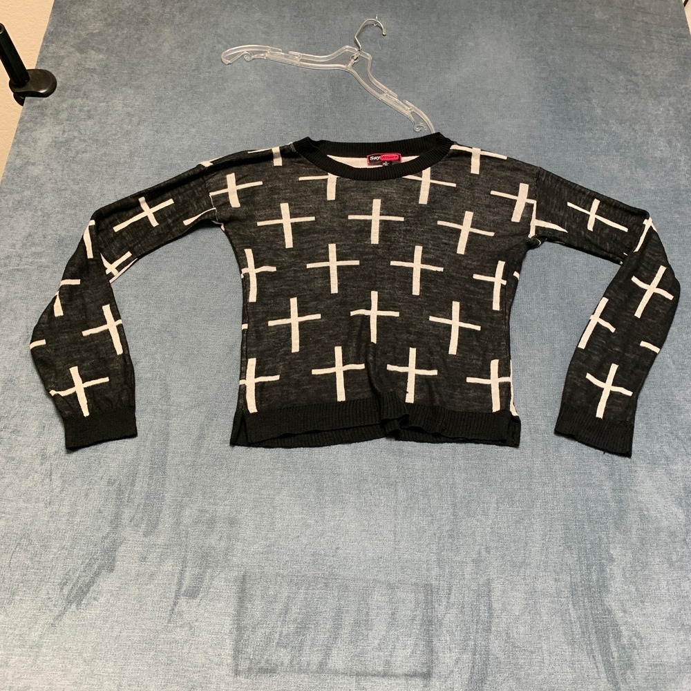 Say What Sweater Womens XL White Black Christian Cross Crew Neck Ribbed Hem Warm